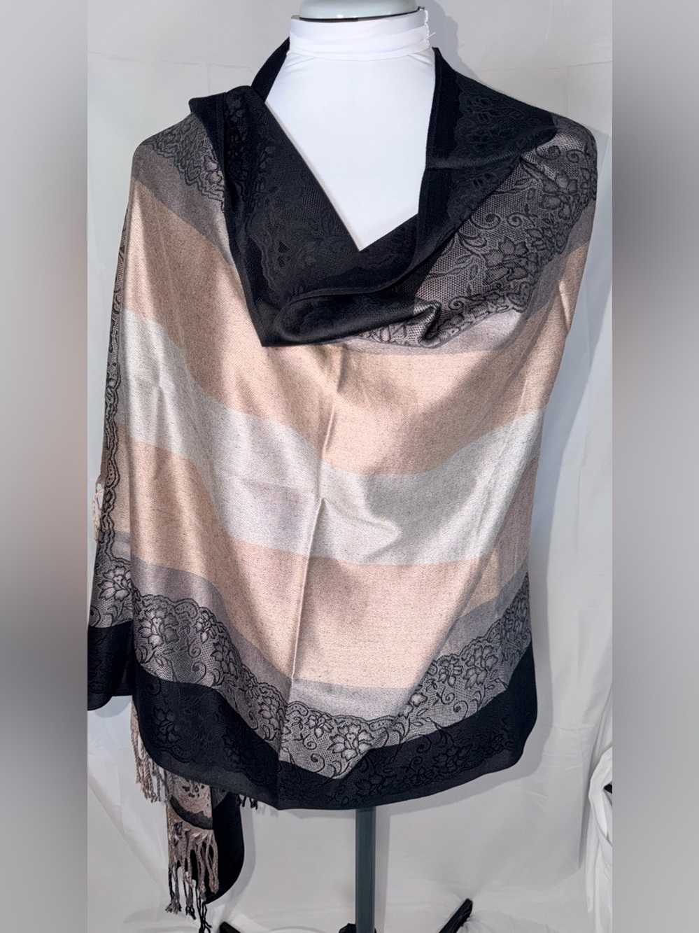 Elegant Striped Fringe Shawl in Black, Taupe & Cream with Floral borders
